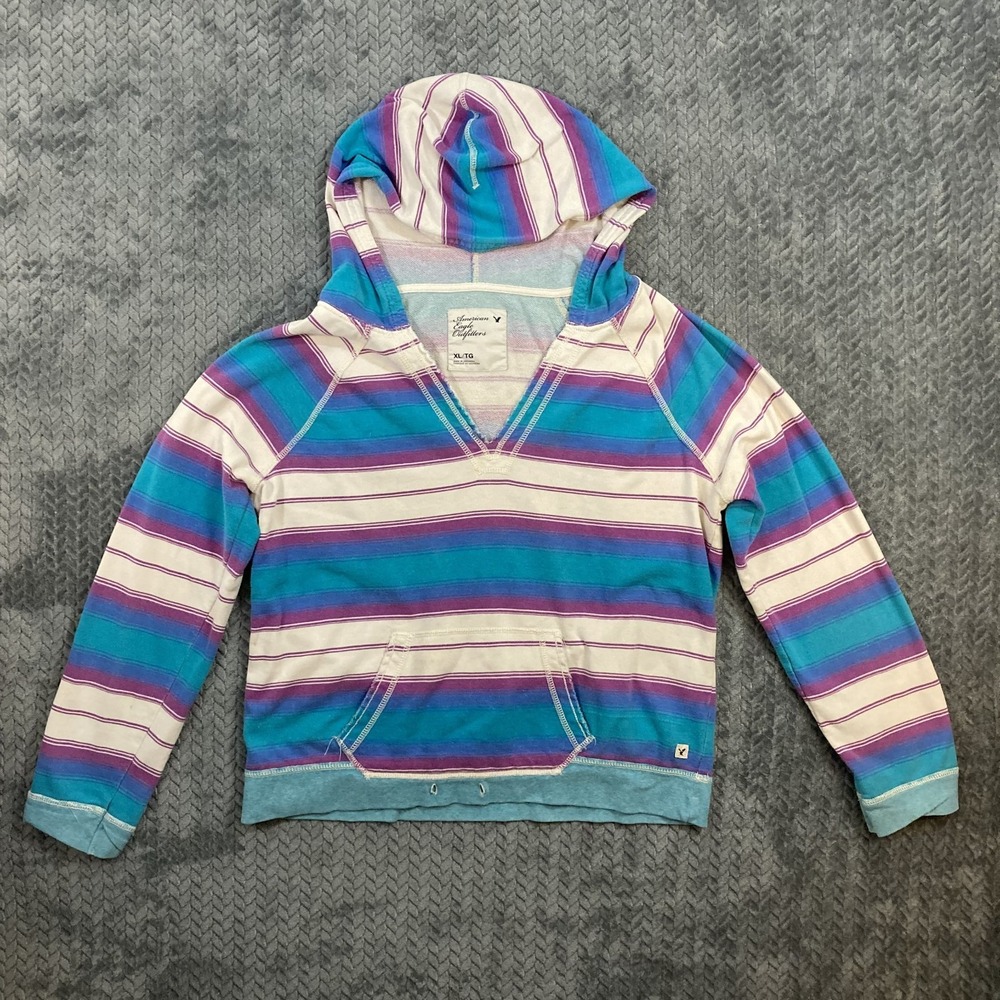 American Eagle Striped Hoodie Sweatshirt XL Teal White Purple Pullover Y2K